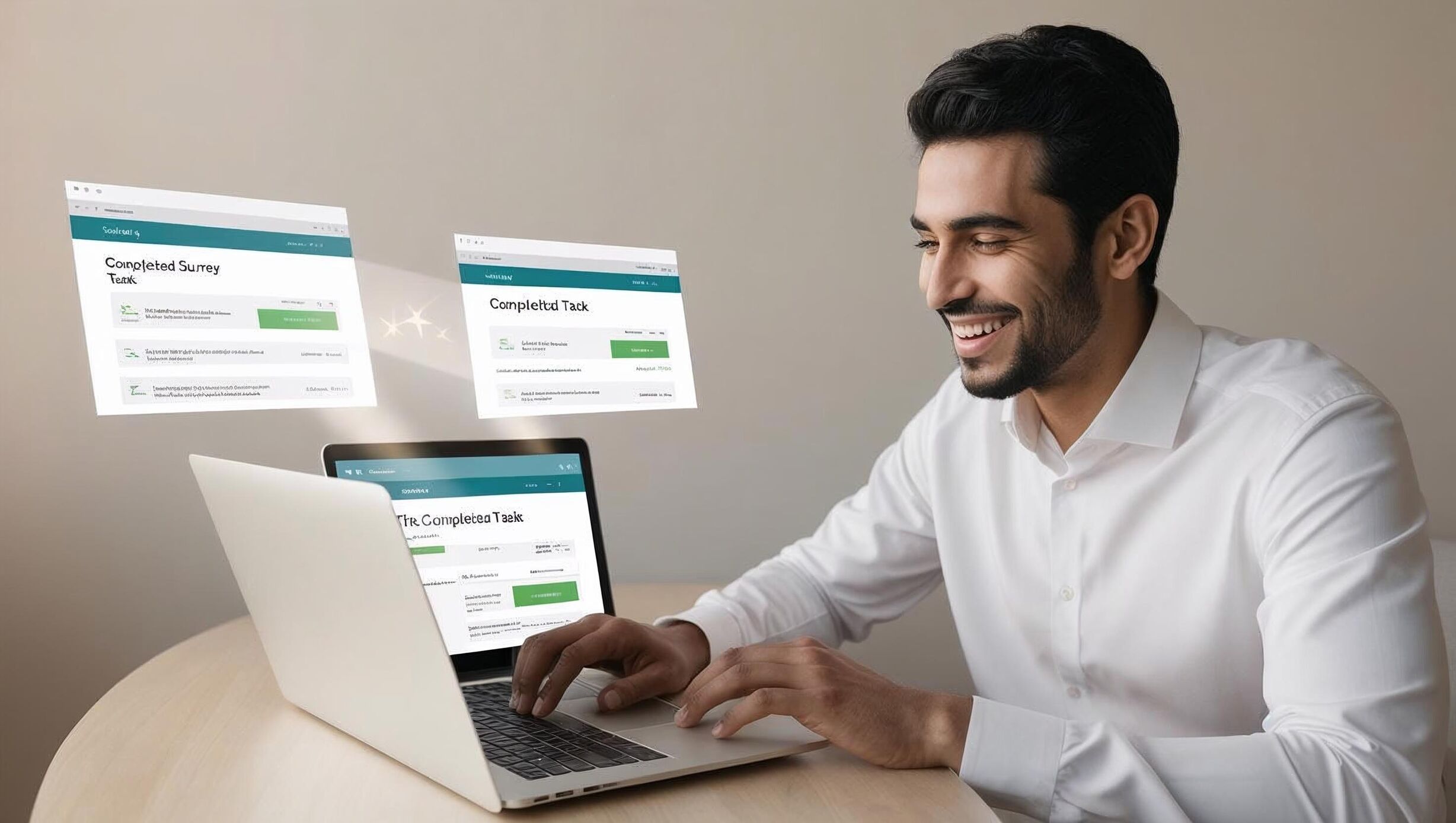 A minimalist and clean photography style portrait of a professional Arab person smiling, working on a laptop at home. Multiple browser windows are open, displaying survey websites, with soft light highlighting the completed task notifications appearing on screen. The composition is simple, featuring negative space, soft tones, and an uncluttered background. The focus is on form and light, emphasizing clean lines and a serene atmosphere.