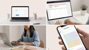 A minimalist and clean photography style depicting a step-by-step visual journey: 1) A person sitting at a desk, hands typing on a laptop, creating an email account; 2) The same person completing a profile form on a computer screen, focusing on the demographic information fields; 3) A close-up shot of a daily planner or calendar app on a smartphone with several time blocks highlighted in soft pastel colors; 4) A smartphone screen displaying multiple platform notifications, subtle and uncluttered, with a focus on form and light; simple composition, negative space, soft pastel tones, uncluttered background, emphasis on form and soft light.