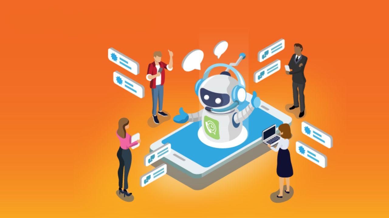 Illustration of a robot assistant engaging with four diverse people via digital interfaces, all on an orange background
