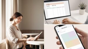 A minimalist, clean photography-style split screen. Left side: A Caucasian female, casually dressed, flexibly working on a tablet in a quiet café, bathed in soft, natural light. Right side: A simple, visually appealing chart displaying diverse task types with corresponding payment amounts in Arabic currency. The overall composition is uncluttered, emphasizing negative space, soft tones, and a focus on form and light.