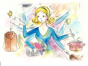 صورة ملونة تظهر إمرأة ترتدي الأزرق وشقراء مرتبكة ولديها عدة أياد من حولها المهام اليومية من غسيل الملابس، الطهي، التنظيف، الكي، التسوق، المشاوير