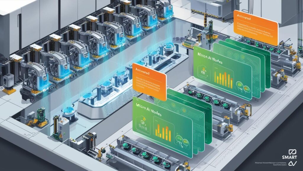 A detailed cross-section illustration of a futuristic smart factory floor, showcasing numerous embedded Micro AI nodes emitting a soft, pulsating blue glow at critical machinery points.  Animated data visualizations, rendered in a clean, minimalist style with vibrant greens and oranges, illustrate predictive maintenance capabilities and efficiency improvements in real-time.  The overall aesthetic should be clean, technological, and slightly futuristic, utilizing a blend of photorealistic and stylized elements for the machinery and data visualizations respectively. The perspective is a slightly elevated isometric view, providing a clear overview of the factory floor and its interconnected systems.