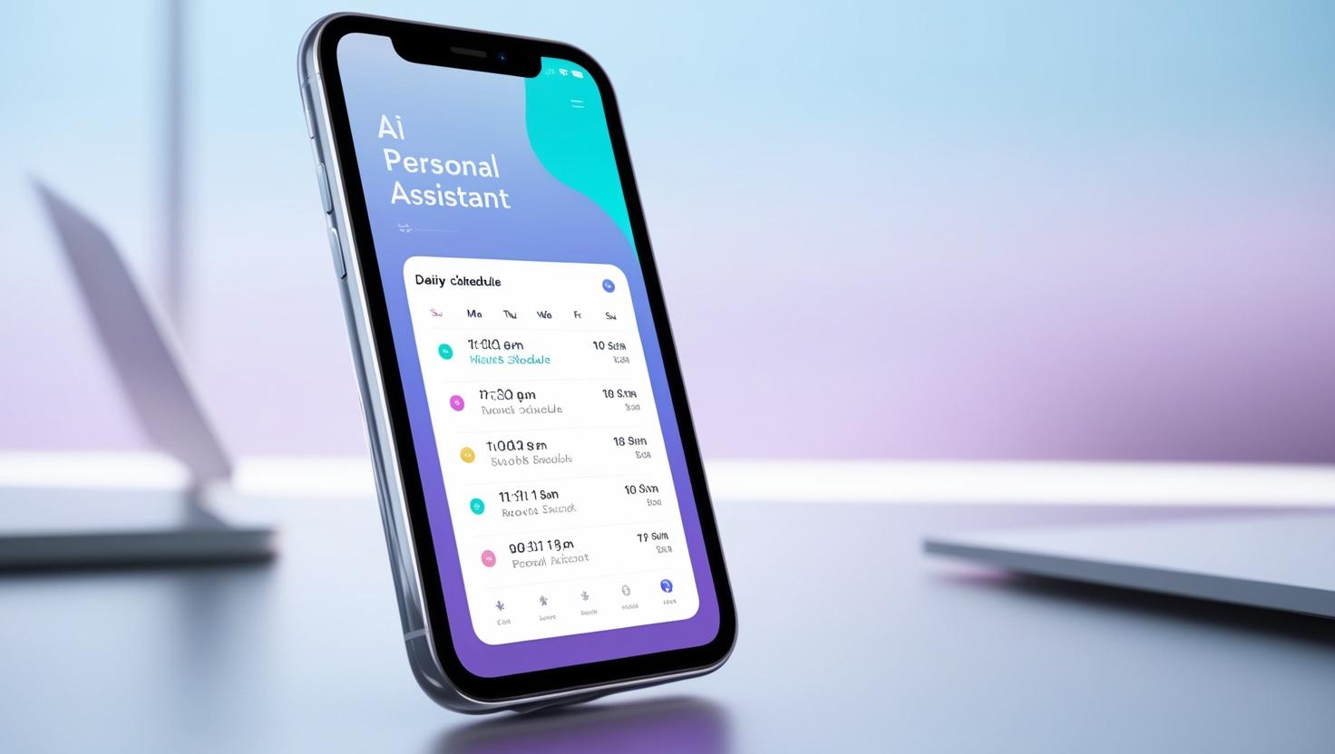 A sleek, minimalist AI personal assistant interface displayed on a modern smartphone screen, showcasing a daily schedule with clear typography and vibrant color-coded appointments. The background is a soft gradient of blues and purples. The style is clean and intuitive, with a focus on ease of use. The smartphone is angled slightly to reveal the screen fully, positioned against a subtly blurred background of a modern workspace.