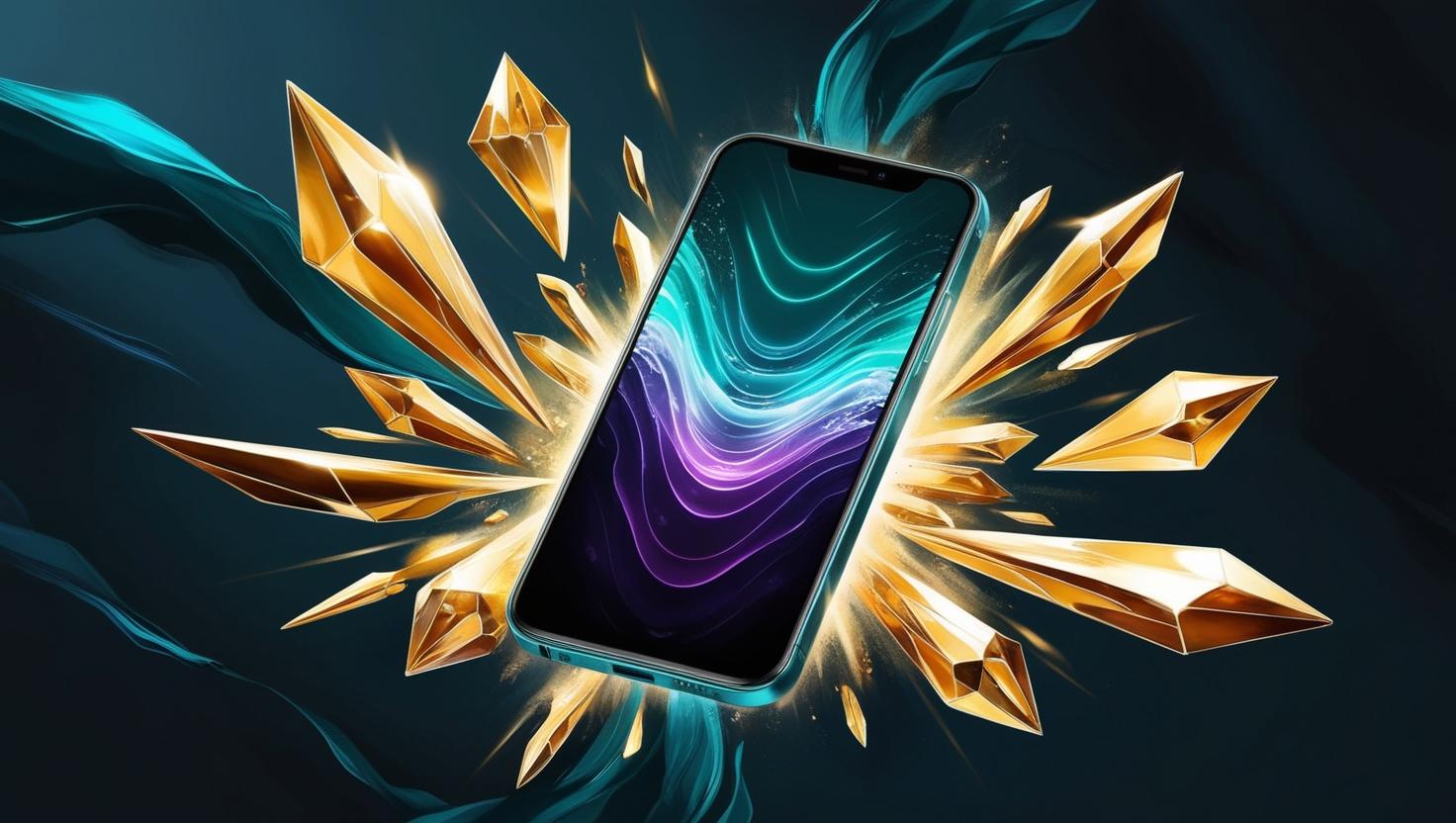radiating digital waves, surrounded by floating golden shapes symbolizing value and opportunity, modern and tech-inspired style with a sense of motion and potent (1)