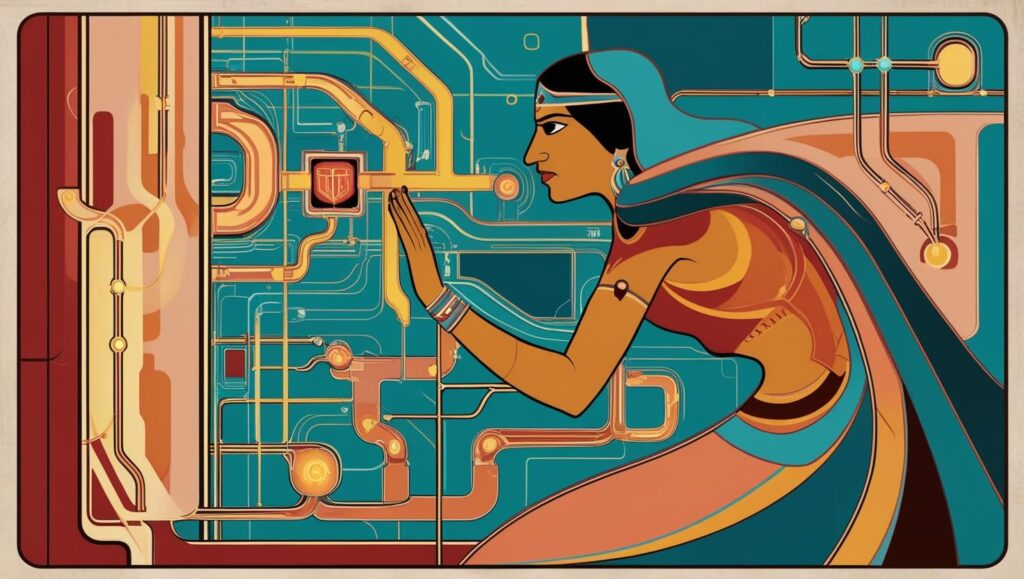 An abstract painting depicting an Indian woman, rendered in vibrant hues of teal, ochre, and crimson, facing a complex maze of glowing, digital pathways and obstacles. The style should be reminiscent of Art Nouveau, with flowing lines and intricate details, presented in a square format. The woman's expression is determined, her pose suggesting both challenge and resilience.