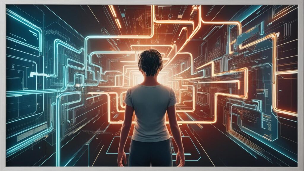 Abstract representation of a person, gender neutral, facing a complex maze of glowing, interconnected digital pathways and obstacles; rendered in a vibrant, surreal style with a mix of cool and warm colors, using sharp lines and soft gradients, framed in a dynamic composition emphasizing depth and movement.
