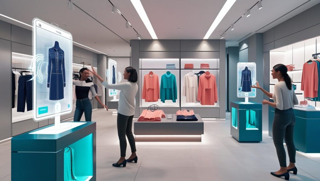 A vibrant, photorealistic rendering of an augmented reality shopping experience within a sleek, modern retail store. Customers interact with holographic displays showcasing clothing, using intuitive hand gestures to examine details and make selections. The store's interior features clean lines, minimalist décor, and bright, natural lighting. The overall aesthetic is futuristic yet welcoming, with a color palette of cool grays, accented by pops of bright teal and coral from displayed merchandise. The scene is framed from a slightly elevated perspective, showcasing the interactive elements and overall store layout.