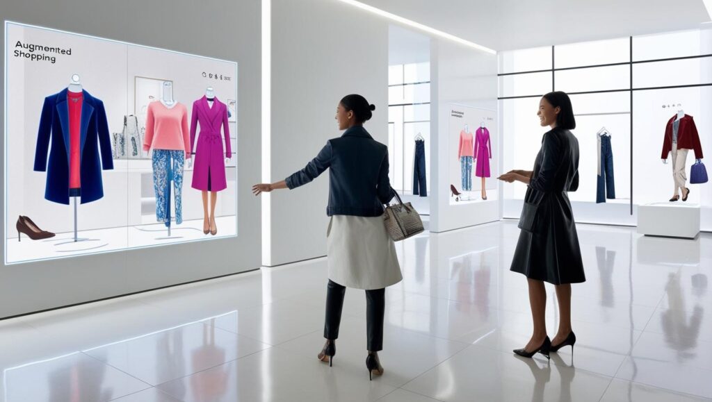 A vibrant augmented reality shopping experience within a sleek, minimalist modern store. Customers interact with holographic product displays showcasing clothing and accessories, projected onto clean white walls and polished floors. The lighting is bright and airy, with large windows providing natural light. The overall aesthetic is clean, modern, and technologically advanced, using a photorealistic rendering style.