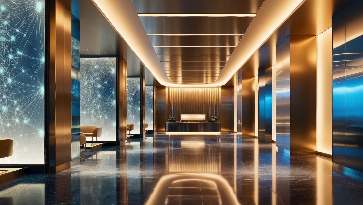 of a hotel lobby subtly blended with glowing neural network patterns, soft lighting, metallic and glass textures, evoking the integration of advanced technology and hospitality, abstract sty