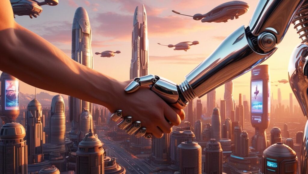 A human and a sleek, chrome robot shaking hands against the backdrop of a futuristic city skyline at sunset. The city is filled with towering skyscrapers, flying vehicles, and holographic advertisements, rendered in a vibrant, hyperrealistic style with a focus on detailed textures and lighting. The scene is framed in a medium shot, emphasizing the handshake, with a warm, inviting color palette dominated by oranges, purples, and blues.