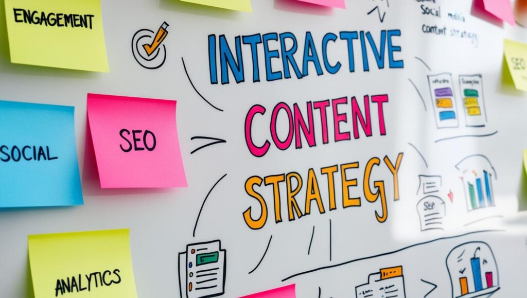 A detailed close-up shot of a whiteboard filled with colorful sticky notes and hand-drawn diagrams illustrating an interactive content strategy. The notes contain keywords like "engagement," "SEO," "social media," and "analytics," written in a clear, legible font. The overall aesthetic is clean and organized, with a bright, well-lit setting suggesting a collaborative brainstorming session. The image style is realistic, focusing on the visual details of the planning process.