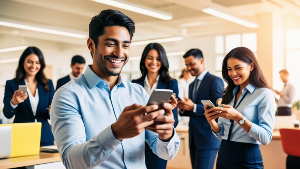 A Hispanic male, smiling, scrolls through a social media feed on his smartphone in a brightly lit, modern office. He is surrounded by other people, also using mobile devices and interacting with social media, dressed in business casual attire. The scene is vibrant and energetic, filled with warm, inviting colors, rendered in a photorealistic style with a shallow depth of field focusing on the central figure.