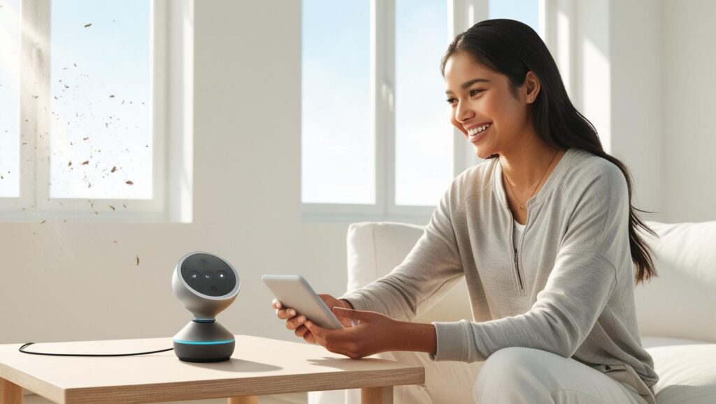 A young Hispanic woman with a warm smile interacts with a sleek, silver smart assistant device on a minimalist wooden table in a brightly lit, modern living room. Sunlight streams through large windows, illuminating dust motes in the air. The woman is wearing a casual, comfortable outfit. The overall aesthetic is clean, bright, and inviting, rendered in a photorealistic style.