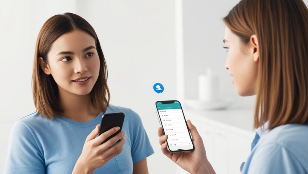 A young woman with shoulder-length brown hair, wearing a casual blue shirt, uses a voice-controlled AI assistant on her smartphone to manage her daily tasks. The scene is brightly lit, with a minimalist, modern aesthetic. The smartphone displays a clean, user-friendly interface showing a to-do list. The overall style is photorealistic, with a focus on the woman's focused expression and the interaction with the technology.