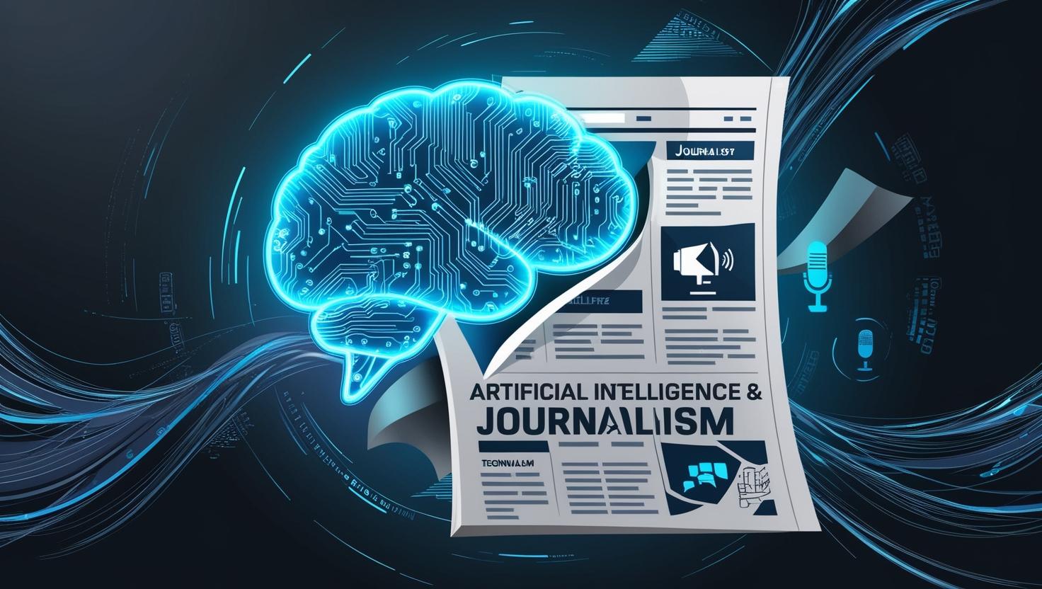 A stylized abstract artwork depicting the synergy between artificial intelligence and journalism. The image features a central motif of a translucent, glowing digital brain composed of intricate AI circuit patterns, interwoven with fragments of a newspaper featuring blurred headlines and text. Data streams, rendered as luminous blue and silver tendrils, flow organically through the brain and newspaper fragments, connecting abstract icons symbolizing news broadcasts, social media feeds, and technological advancements. The background consists of a gradient of deep blues, silvers, and dark greys, conveying a sense of sleek technological innovation and digital transformation, subtly hinting at AI's potential to reshape the media landscape. The overall style is futuristic, emphasizing clean lines, sharp angles, and a high degree of visual complexity.