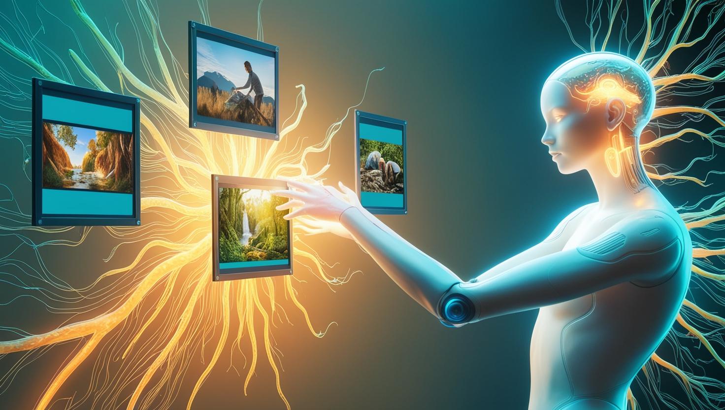 Digital canvas illuminated by abstract AI-generated visuals, glowing humanoid figure manipulating floating video frames, soft cinematic light and creative energy radiating from neural-like patterns, in a futuri