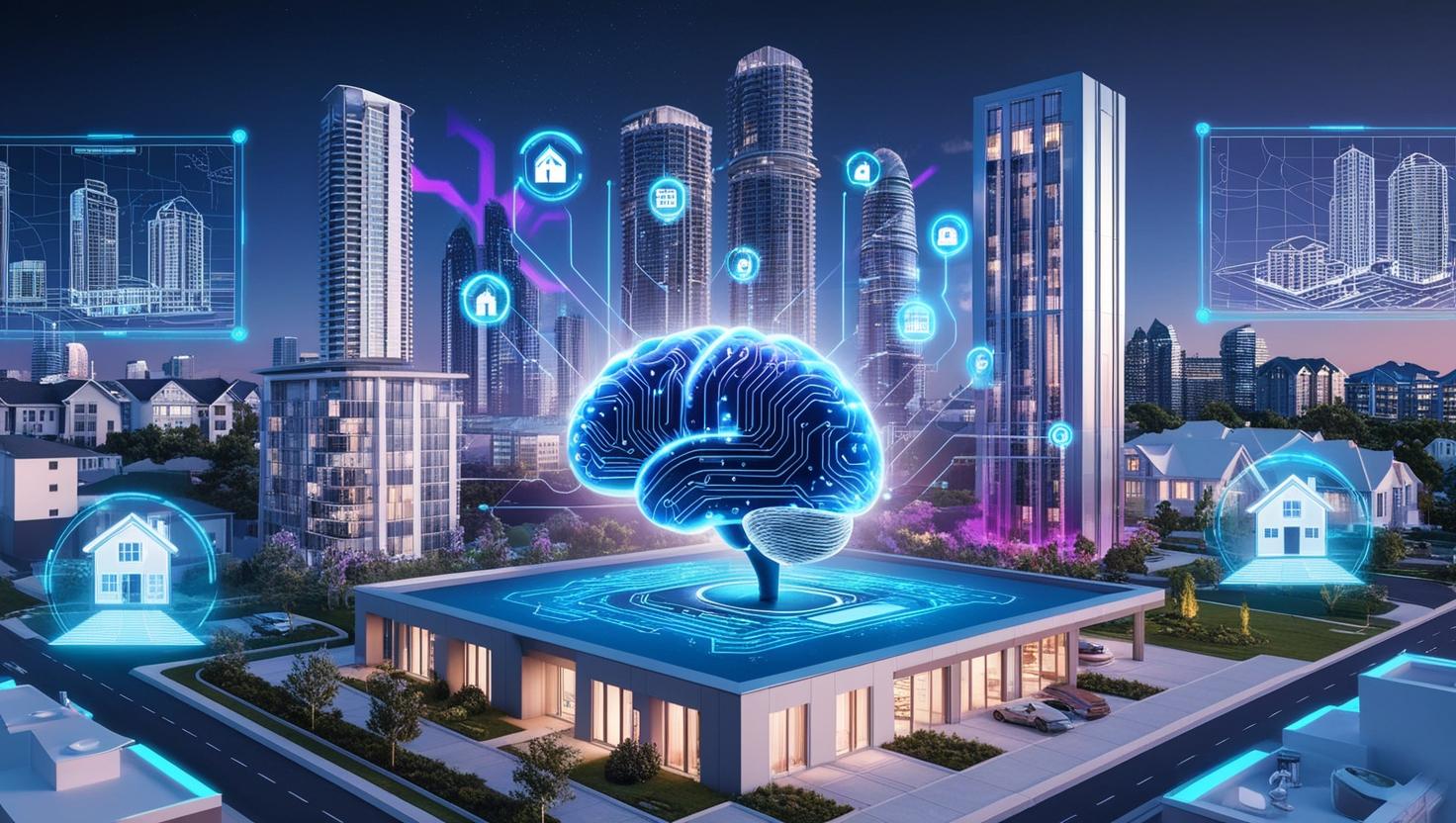 A_futuristic_and_sleek_representation_of_artificial_intelligence_in_the_real_estate_market._The_image_should_feature_a_glowing_AI_brain_or_circuit_board_integrated_with_buildings_smart_homes_and_digital_p_1