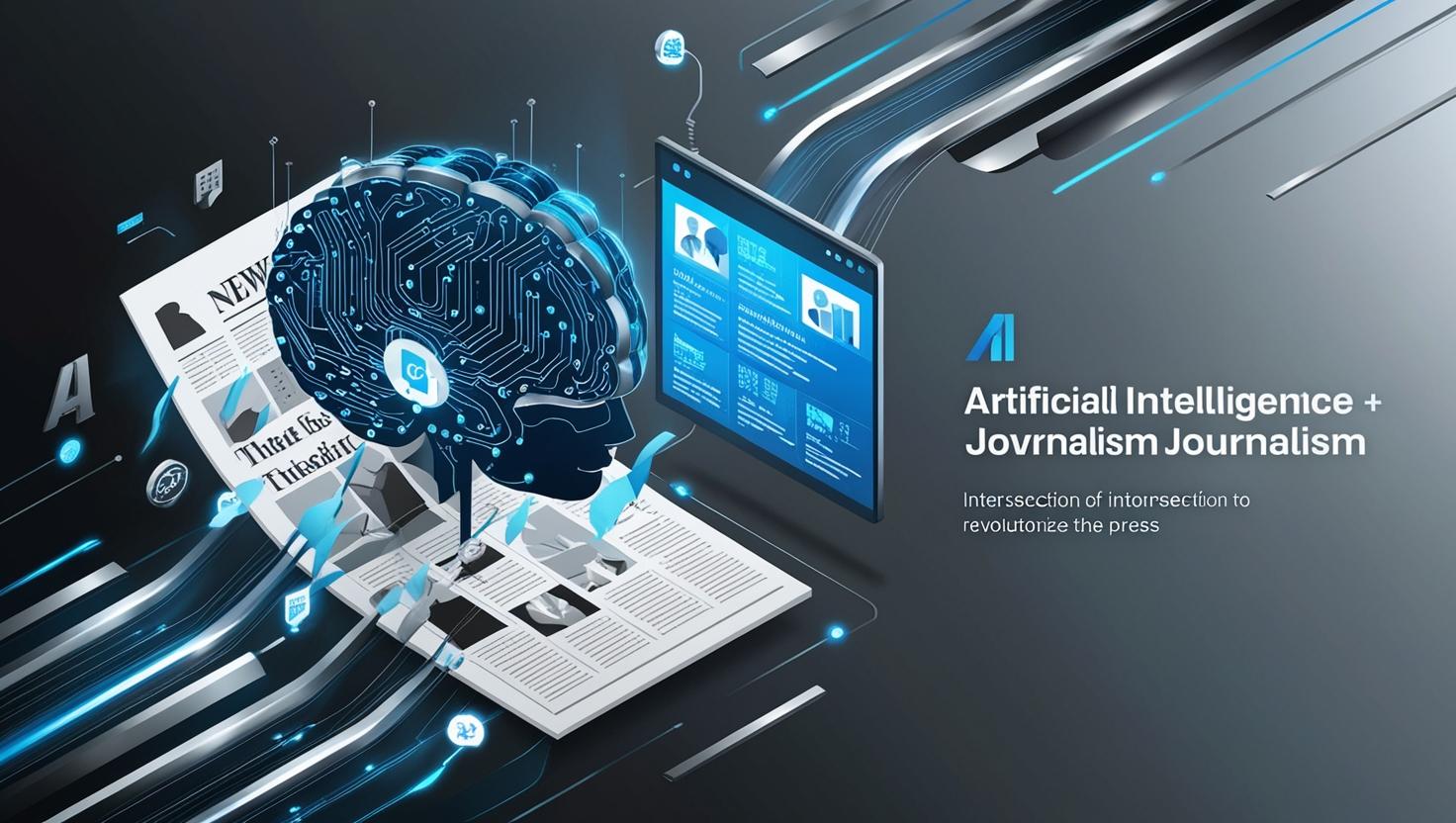 A stylized abstract artwork depicting the synergy between artificial intelligence and journalism. The image features a central motif of a translucent, glowing digital brain composed of intricate AI circuit patterns, interwoven with fragments of a newspaper featuring blurred headlines and text. Data streams, rendered as luminous blue and silver tendrils, flow organically through the brain and newspaper fragments, connecting abstract icons symbolizing news broadcasts, social media feeds, and technological advancements. The background consists of a gradient of deep blues, silvers, and dark greys, conveying a sense of sleek technological innovation and digital transformation, subtly hinting at AI's potential to reshape the media landscape. The overall style is futuristic, emphasizing clean lines, sharp angles, and a high degree of visual complexity.