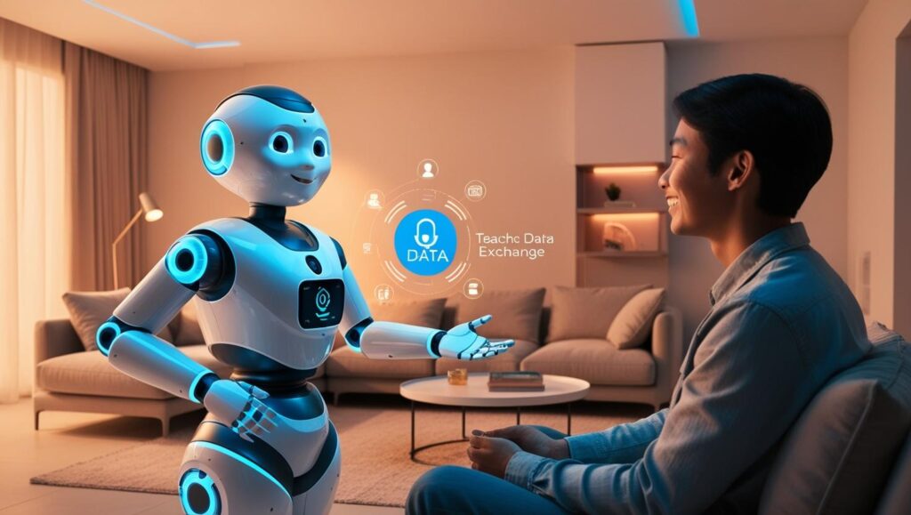 A friendly AI robot with glowing blue accents, teaching a person about data exchange in a futuristic home. Warm, inviting lighting illuminates a minimalist living room with sleek, modern furniture and integrated smart technology. The scene emphasizes a cozy environment, showcasing the seamless integration of technology into everyday life through a voice-controlled smart assistant and home automation system. The AI robot and person are depicted in a positive, collaborative interaction. The overall aesthetic is clean, modern, and technologically advanced.