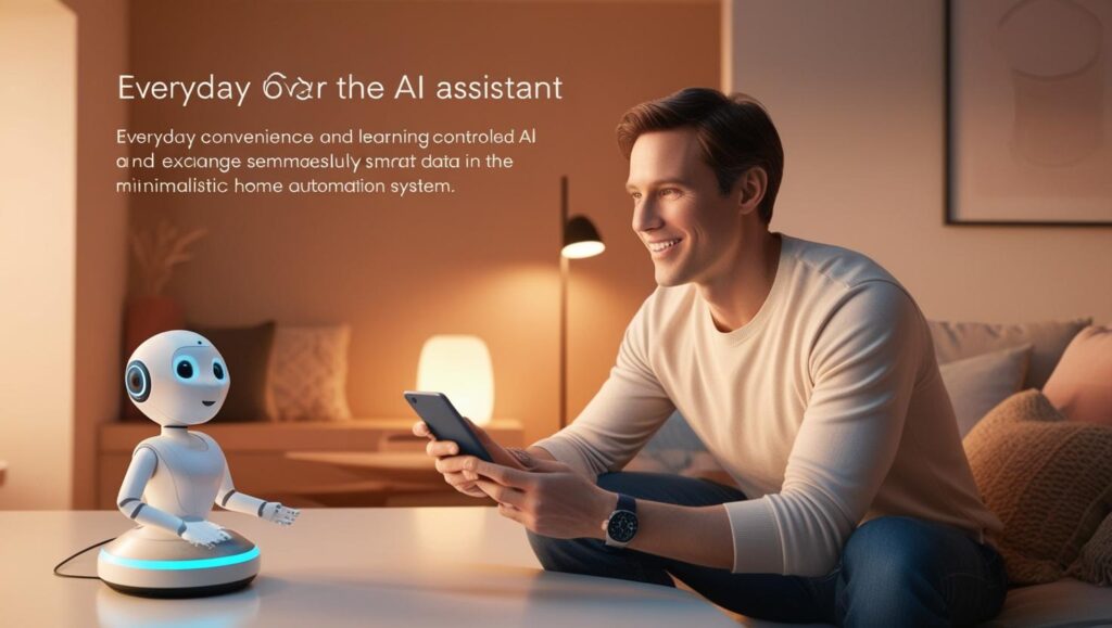 A Caucasian male in a futuristic, warmly lit home, using a sleek, voice-controlled AI smart assistant integrated seamlessly into the minimalistic home automation system. The scene emphasizes everyday convenience and the exchange of learning and data between the person and the AI robot, depicted with a focus on cozy, technologically advanced details. The AI assistant is represented as a friendly, helpful, non-humanoid design, avoiding any resemblance to existing copyrighted characters.