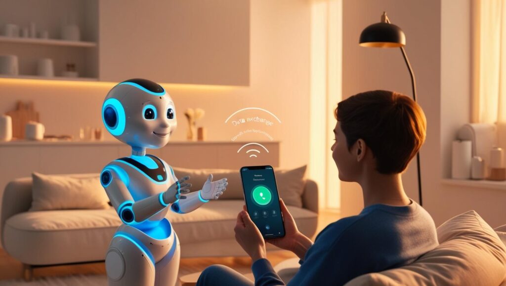 A friendly AI robot with glowing blue accents, in a minimalist, futuristic home setting bathed in warm, golden light, teaches a person about data exchange. The scene is cozy and inviting, showcasing seamless tech integration, such as smart home devices subtly integrated into the environment. The person uses a sleek, modern smart assistant with a clean interface, demonstrating home automation features. The AI's voice-controlled interface is minimalistic and intuitive, emphasizing ease of use and everyday convenience. The overall style is a blend of futuristic technology and comfortable domesticity, rendered in a photorealistic style with sharp details.