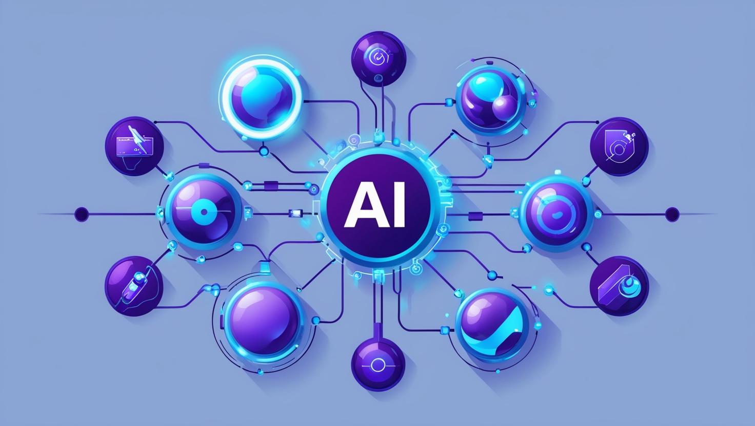 A stylized illustration of various AI tools, depicted as interconnected glowing orbs and circuits, rendered in a vibrant, futuristic art style with a predominantly blue and purple color scheme, featuring clean lines and a detailed, high-resolution finish. The composition is balanced, emphasizing technological interconnectedness.