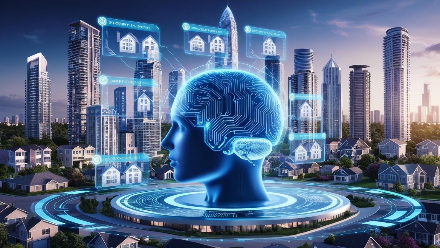 A_futuristic_and_sleek_representation_of_artificial_intelligence_in_the_real_estate_market._The_image_should_feature_a_glowing_AI_brain_or_circuit_board_integrated_with_buildings_smart_homes_and_digital_prope