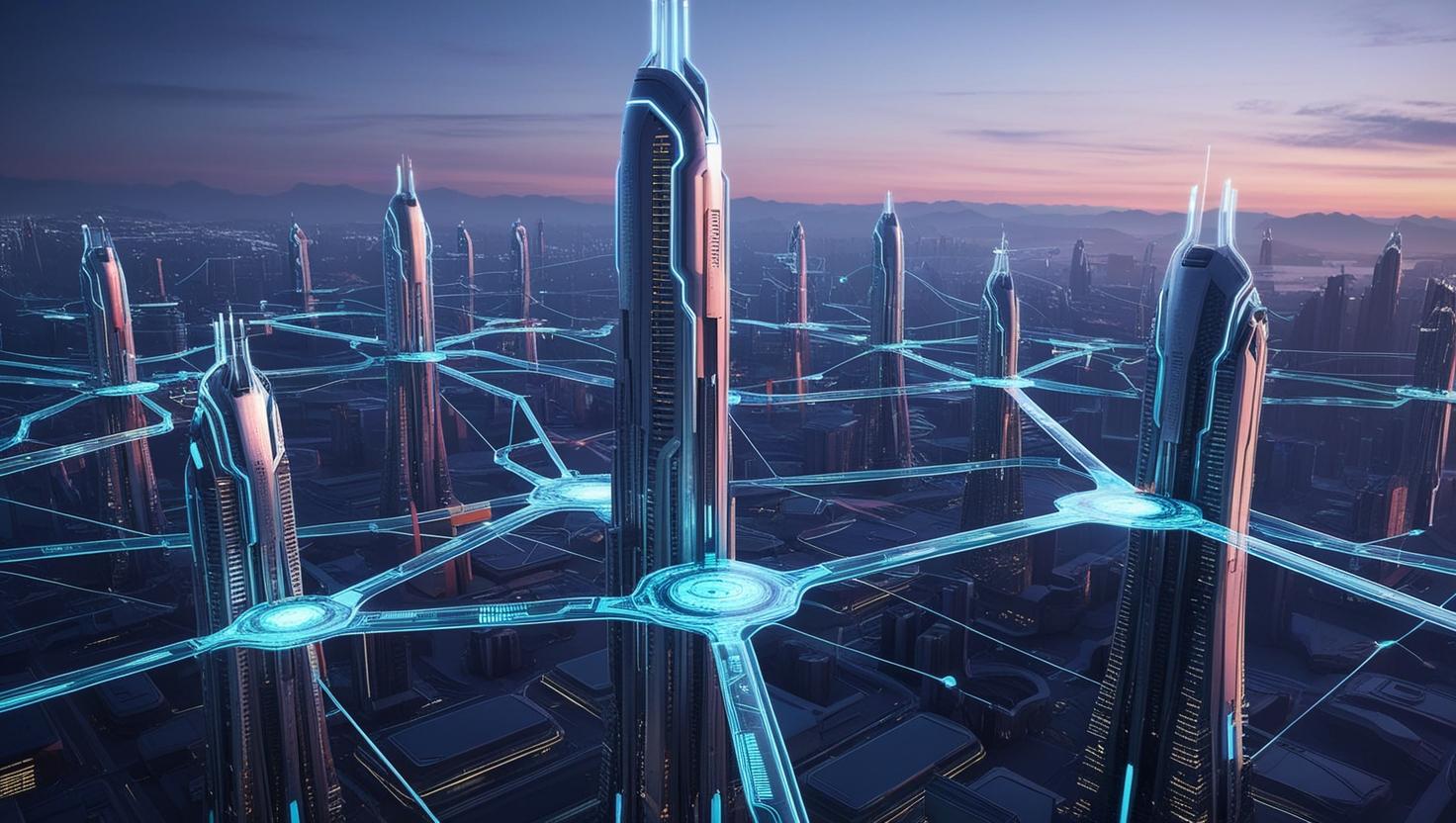 A futuristic cityscape at twilight, showcasing sleek, towering buildings interconnected by glowing holographic tech networks, rendered in a hyperrealistic style with a focus on vibrant neon colors and detailed architectural designs. The view is from a high vantage point, offering a panoramic perspective of the city's sprawling network.