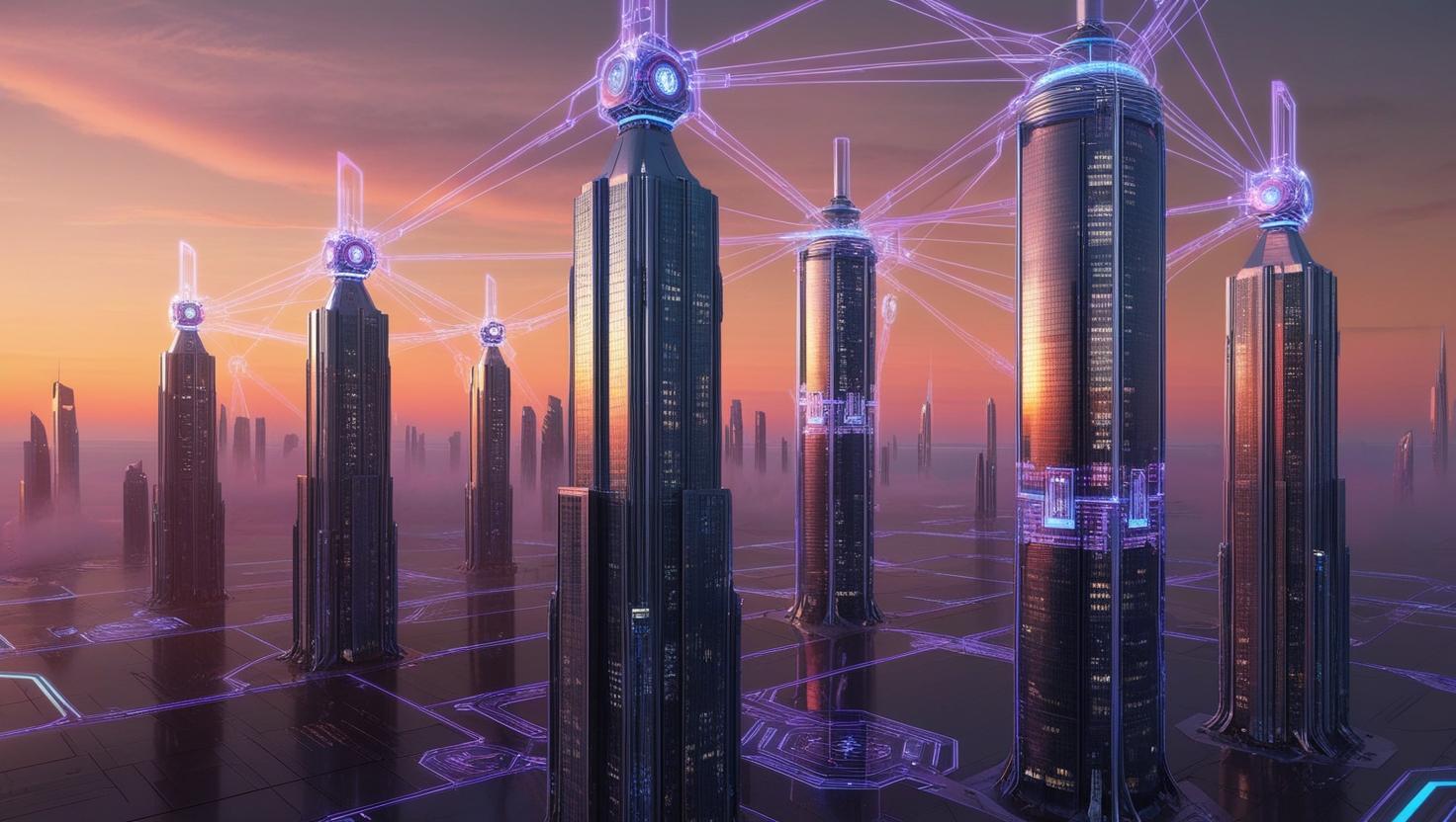 A futuristic cityscape at sunset, showcasing sleek, towering buildings interconnected by vibrant holographic tech networks.  The buildings are primarily glass and steel, reflecting the orange and purple hues of the twilight sky.  The image is rendered in a photorealistic style, with a wide shot perspective emphasizing the vast scale of the city and its technological infrastructure.  The color palette is warm, dominated by oranges, purples, and deep blues.