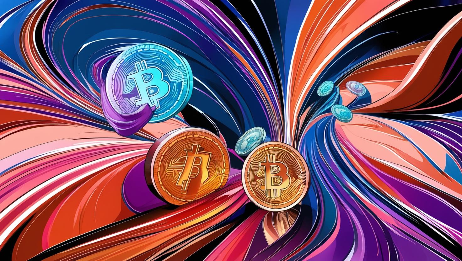 An abstract representation of cryptocurrency investment, depicted with swirling, vibrant colors and dynamic shapes suggesting growth and volatility. The overall style is reminiscent of modern abstract expressionism, employing a blend of sharp lines and soft gradients, rendered in high resolution.