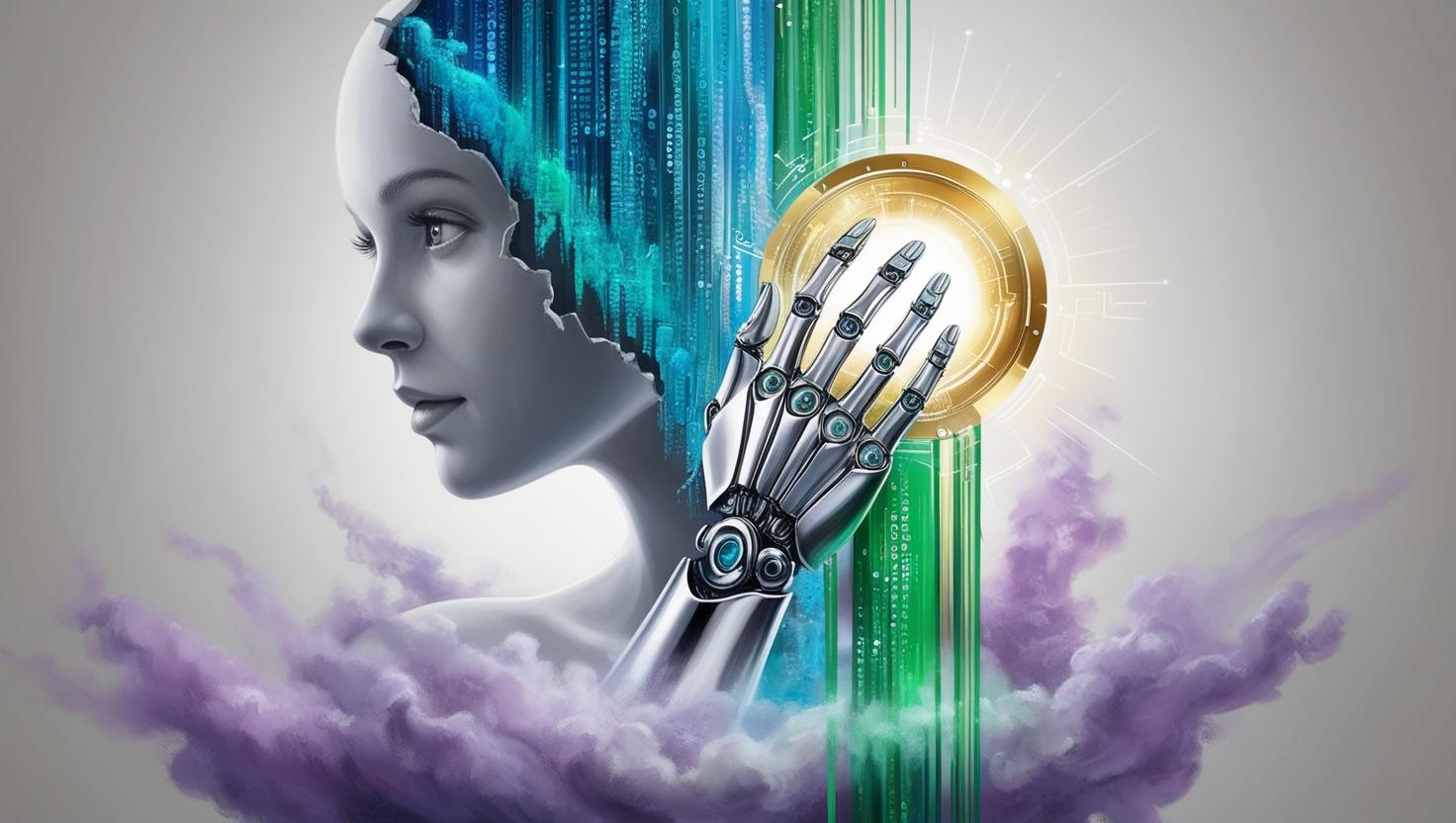 Surreal humanoid silhouette partially dissolving into flowing data streams, mechanical hands emerging from misty light, surrounded by an ethereal, intelligent aura, symbolizing an AI assistant in action, abstra
