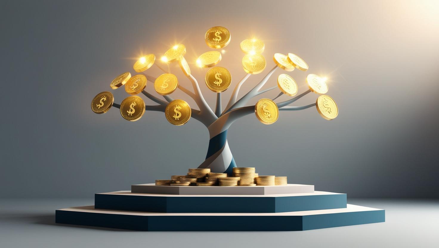 Abstract tree with glowing coins as leaves, rooted in layered geometric platforms, softly radiating stability and growth, symbolizing sustainable passive income, rendered in a balanced, minimalist, and conc (1)