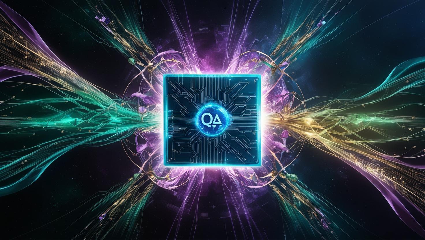 Glowing quantum chip at the center of an abstract energy field, lines of entangled particles and shifting geometric forms radiating outward, blending futuristic tech with a sense of mystery and transformati (2)