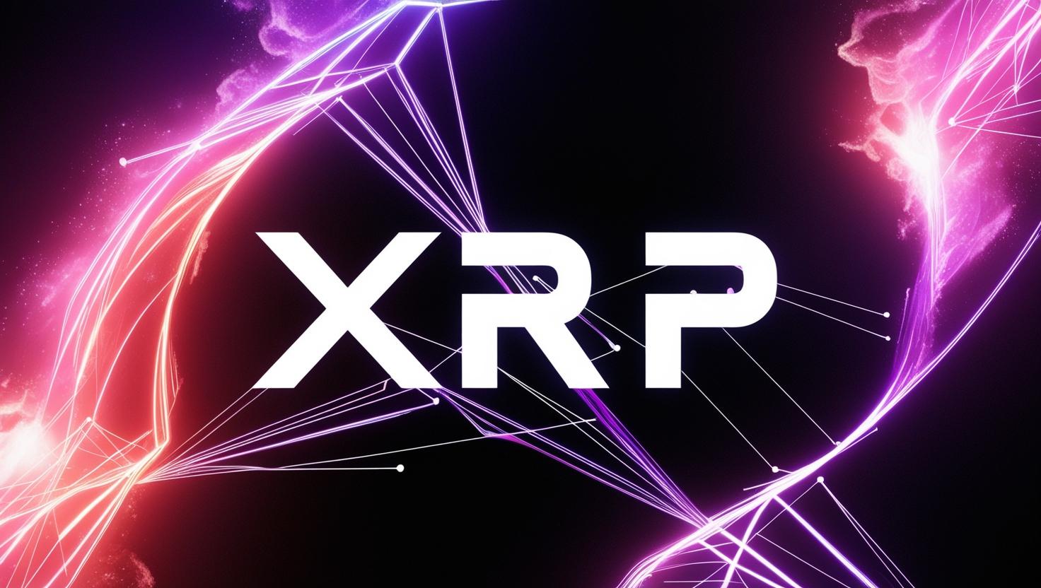A vibrant abstract representation of XRP cryptocurrency, utilizing swirling neon colors against a deep black background. The forms suggest network nodes and data streams, with sharp geometric lines contrasting with soft, glowing nebulae-like shapes. The style is reminiscent of digital art, with a focus on dynamic composition and high contrast.
