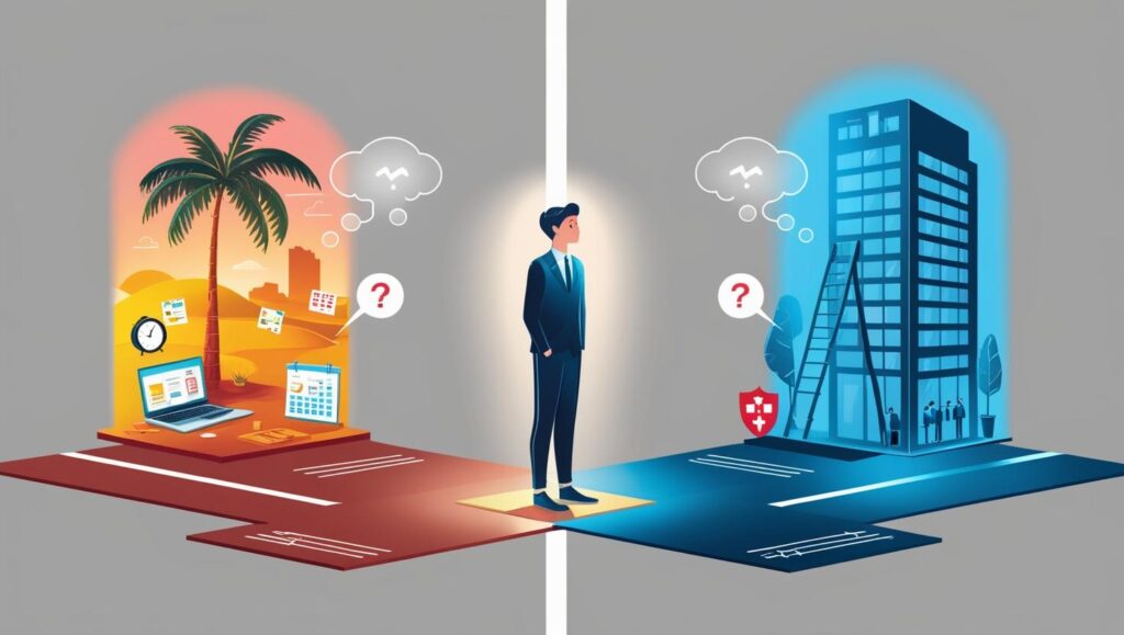 er crossroads between freelancing and traditional employment._Show a professional figure standing at a literal fork in the road - one path leading (1)