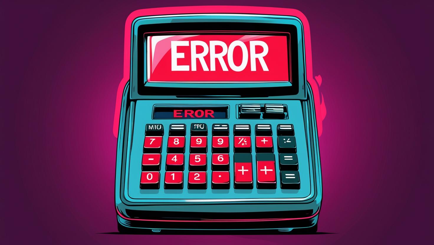 A digital art illustration in a vibrant, almost neon style, depicting a calculator with a dramatic, large red "ERROR" message displayed prominently on its screen. The background is a deep, rich blue, contrasting sharply with the red. The main text, "Saving + Inflation = Math that doesn't math," is written in a bold, sans-serif font in bright yellow, while the subtext, "Spoiler alert: Your money is playing hide and seek... and losing," is smaller, in a slightly muted yellow, positioned below. The overall aesthetic is bold, slightly humorous, and eye-catching, emphasizing the frustrating reality of inflation.