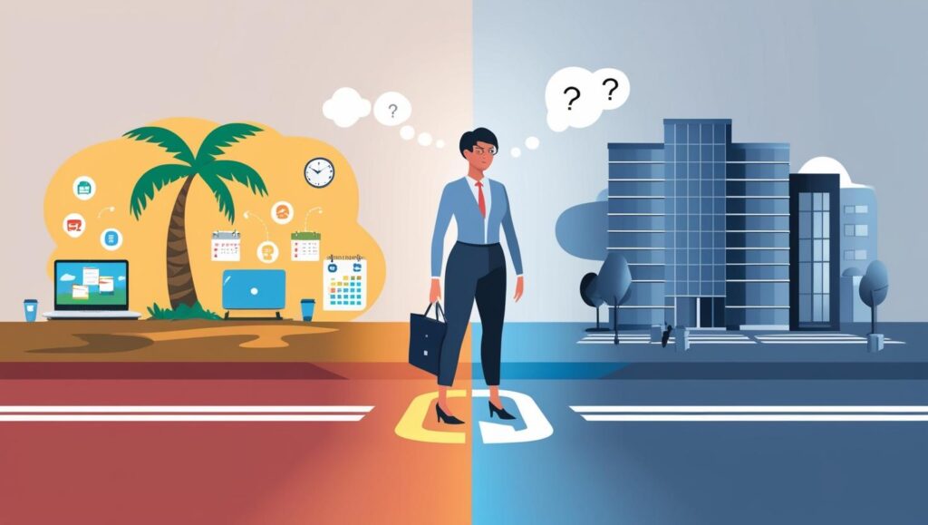 er crossroads between freelancing and traditional employment._Show a professional figure standing at a literal fork in the road - one path leading (1)